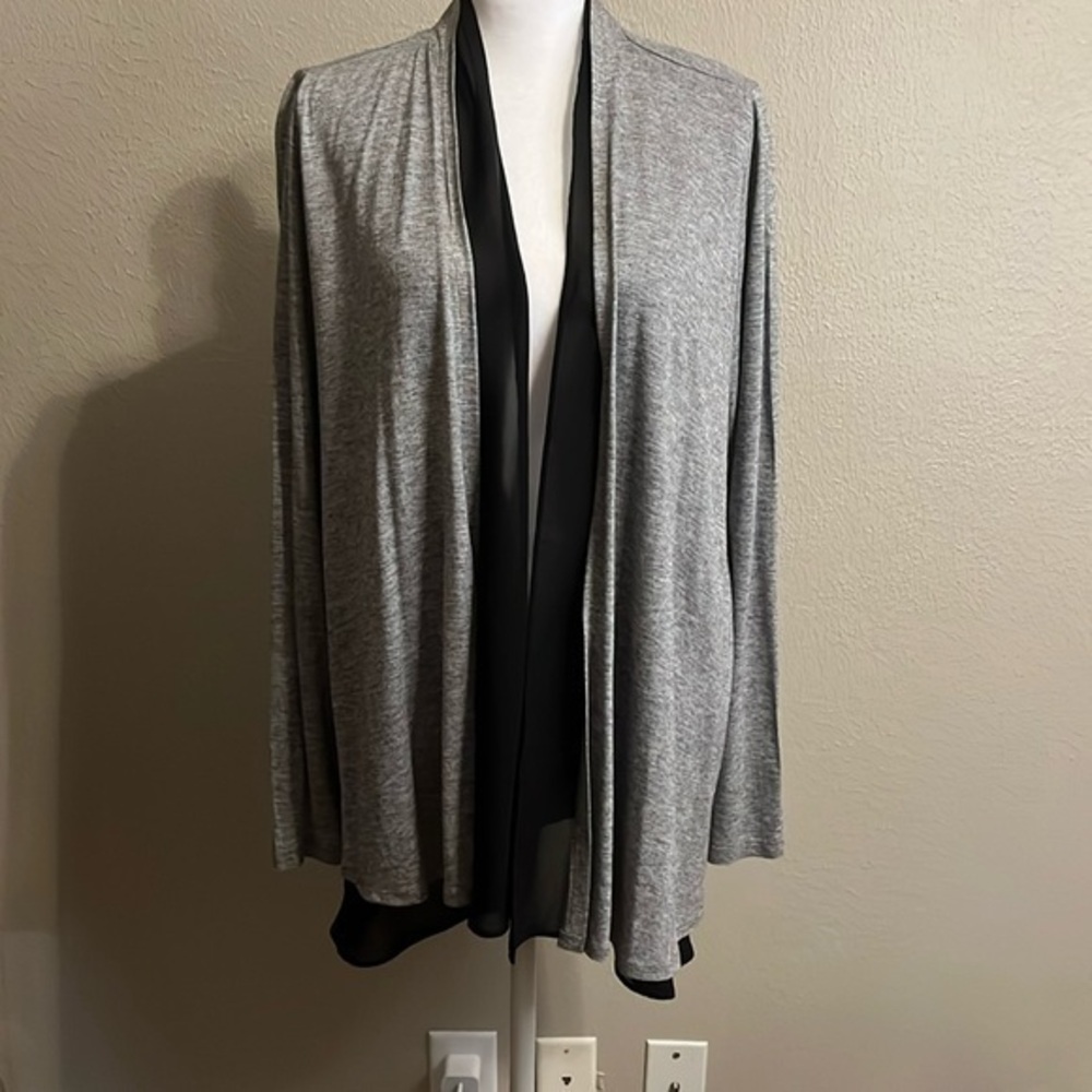 White House Black Market Gray Wool Blend Open Cardigan Lightweight Sweater SZ LG